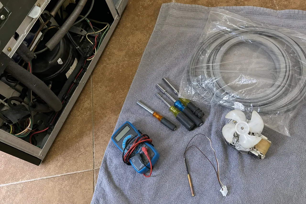 A grey towel laid out with a multimeter, nut drivers, a coiled water line, a thermistor probe and a replacement fan motor, an opened appliance chassis at the left