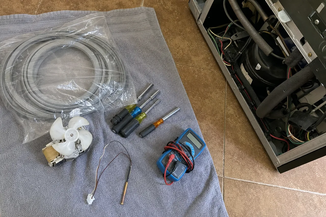 Mirrored flat-lay of a coiled braided water line, drivers and a small fan motor on a towel beside an open appliance back
