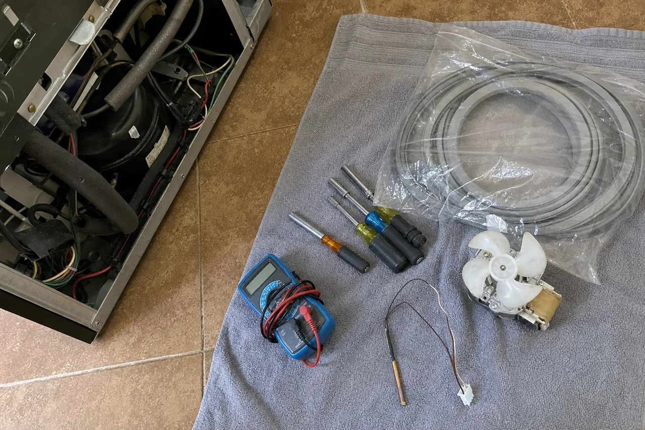 An undercounter unit tipped open at the back showing its compressor, fan and wiring loom, with replacement parts and tools laid out on a towel alongside