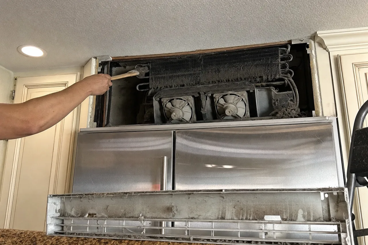 A brush held against a condenser coil thick with grey lint, the removed grille panel resting on the granite below