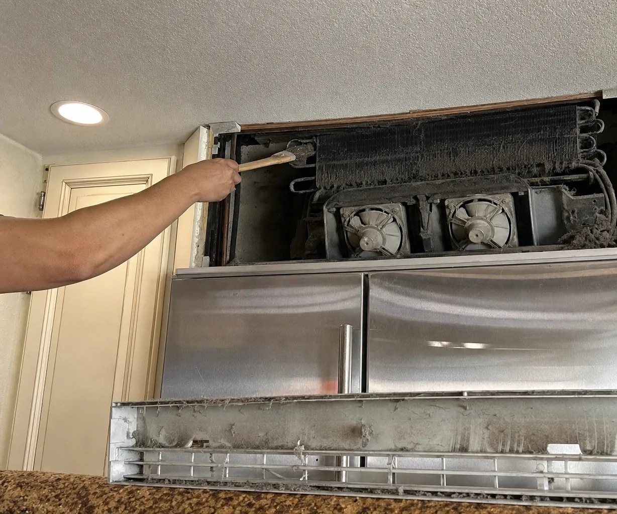 Left-side view of an open appliance bay showing two caged fans and a coil behind the cabinet face