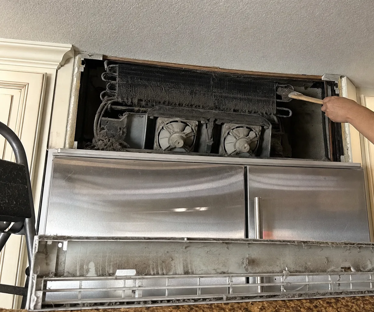 Mirrored close view of twin fan cages and a coil face inside an opened cabinet grille