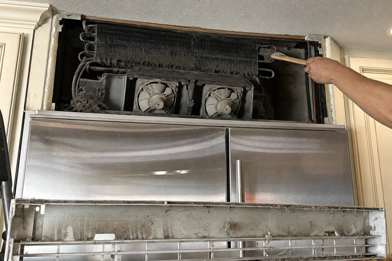 Off-centre view of an opened grille, a stepladder rail at the edge of the frame and a coil face being cleared
