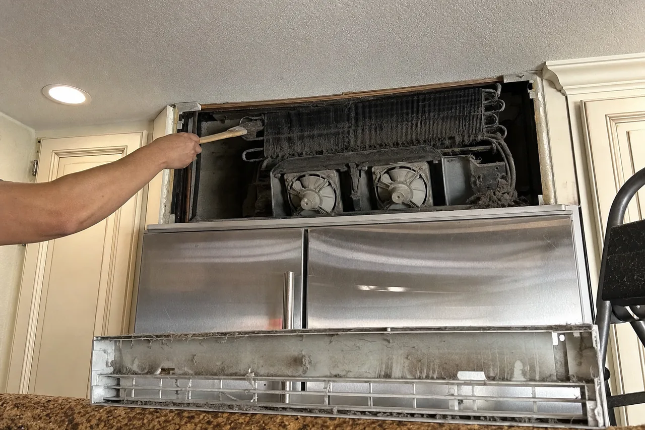The upper grille removed from a built-in refrigerator to expose a dust-matted condenser coil and two fan cages above the stainless doors