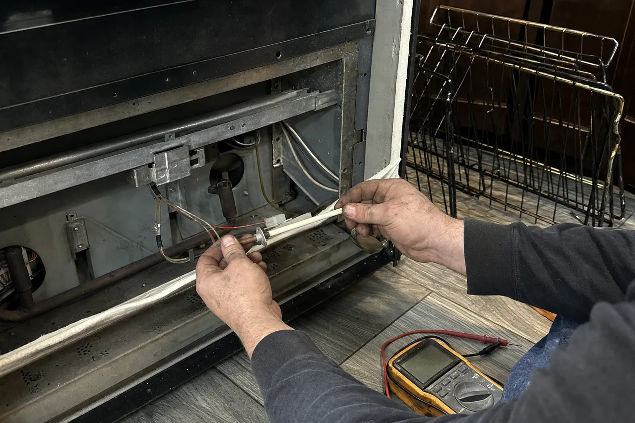 Mirrored view of an opened appliance base with harness wiring, terminals and a multimeter lying on the floor beside it