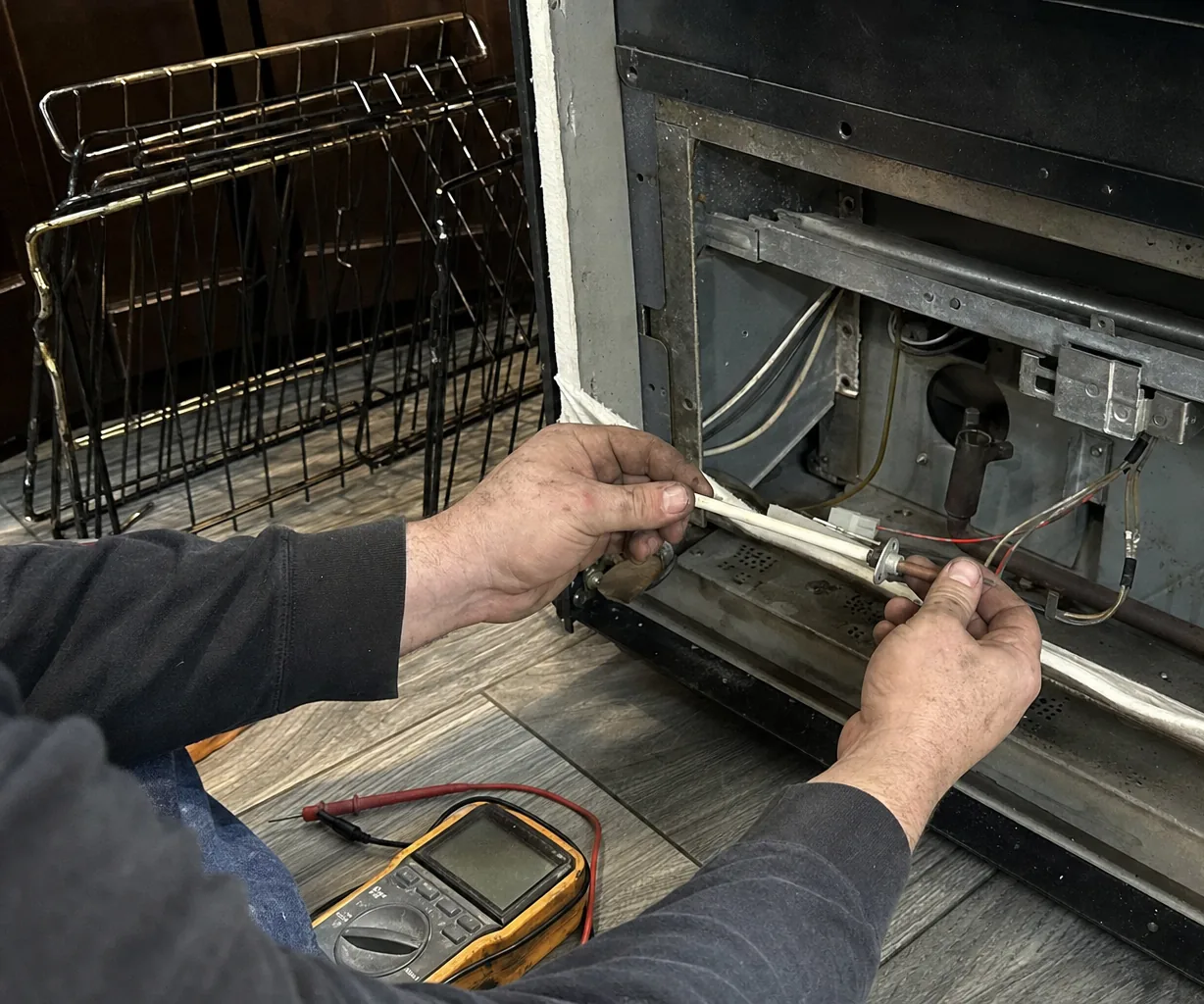 Left-hand view of a range with its lower panel off, racks leaning against the wall and a technician working inside the cavity