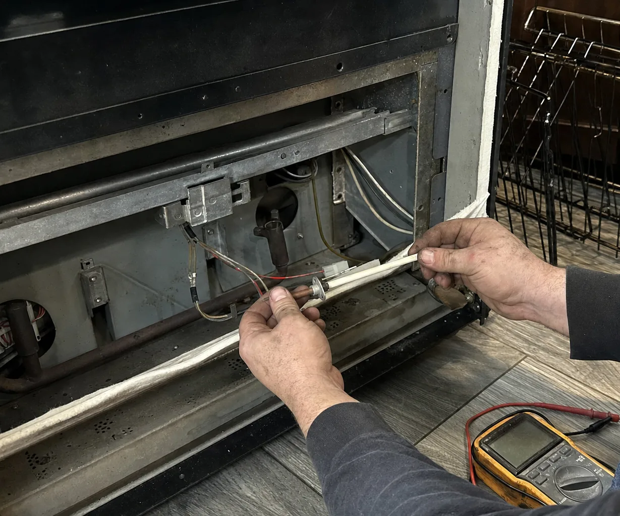 Mirrored view of an open range base with element, wiring and test leads visible on the floor