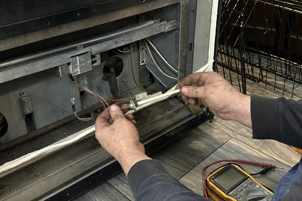 Angled crop of hands working on an igniter and element inside an opened range, meter leads trailing across the floor