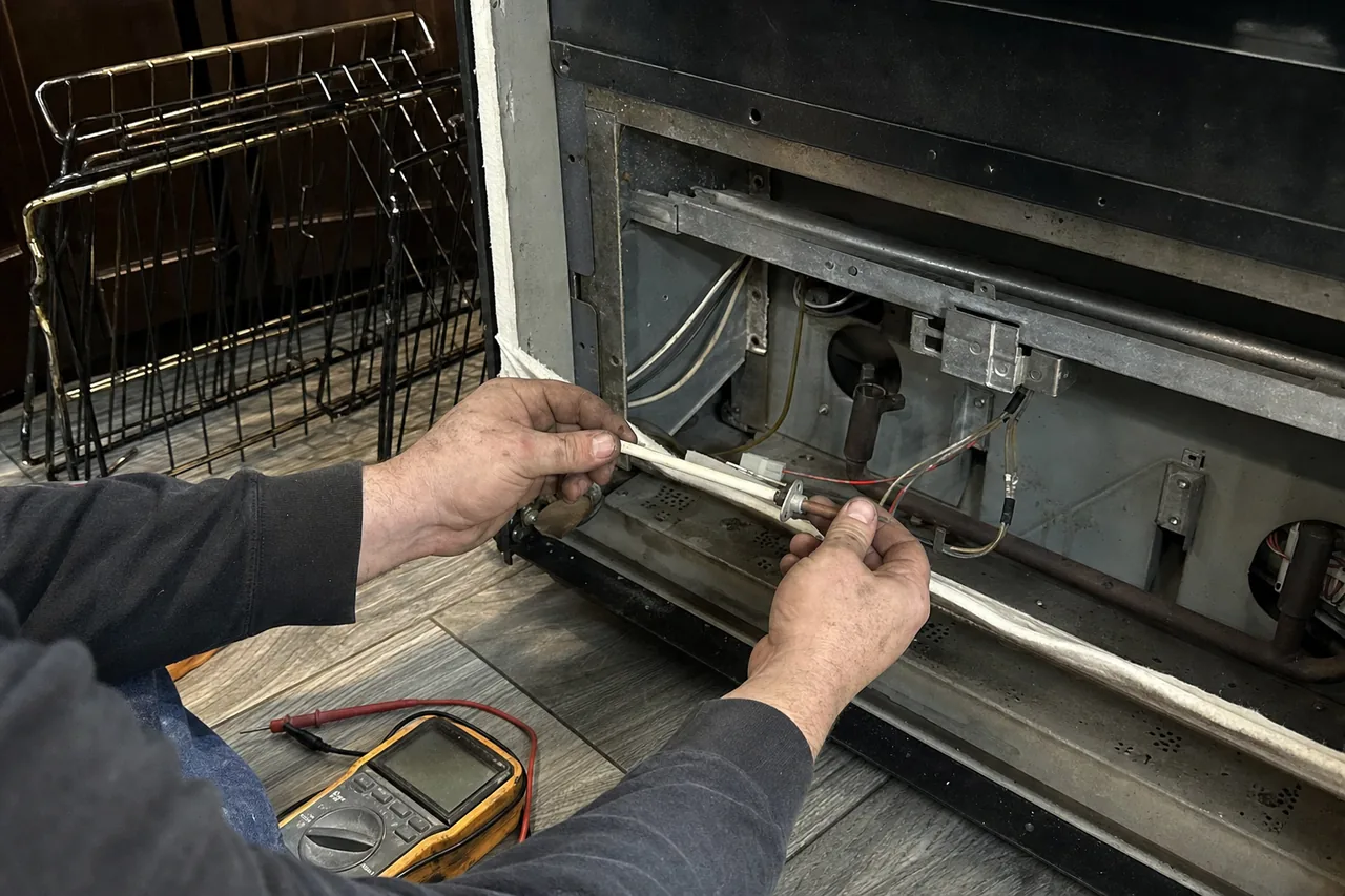 Two hands holding a bake element and its igniter wiring out through the open lower panel of a range, oven racks stacked on the floor at the left
