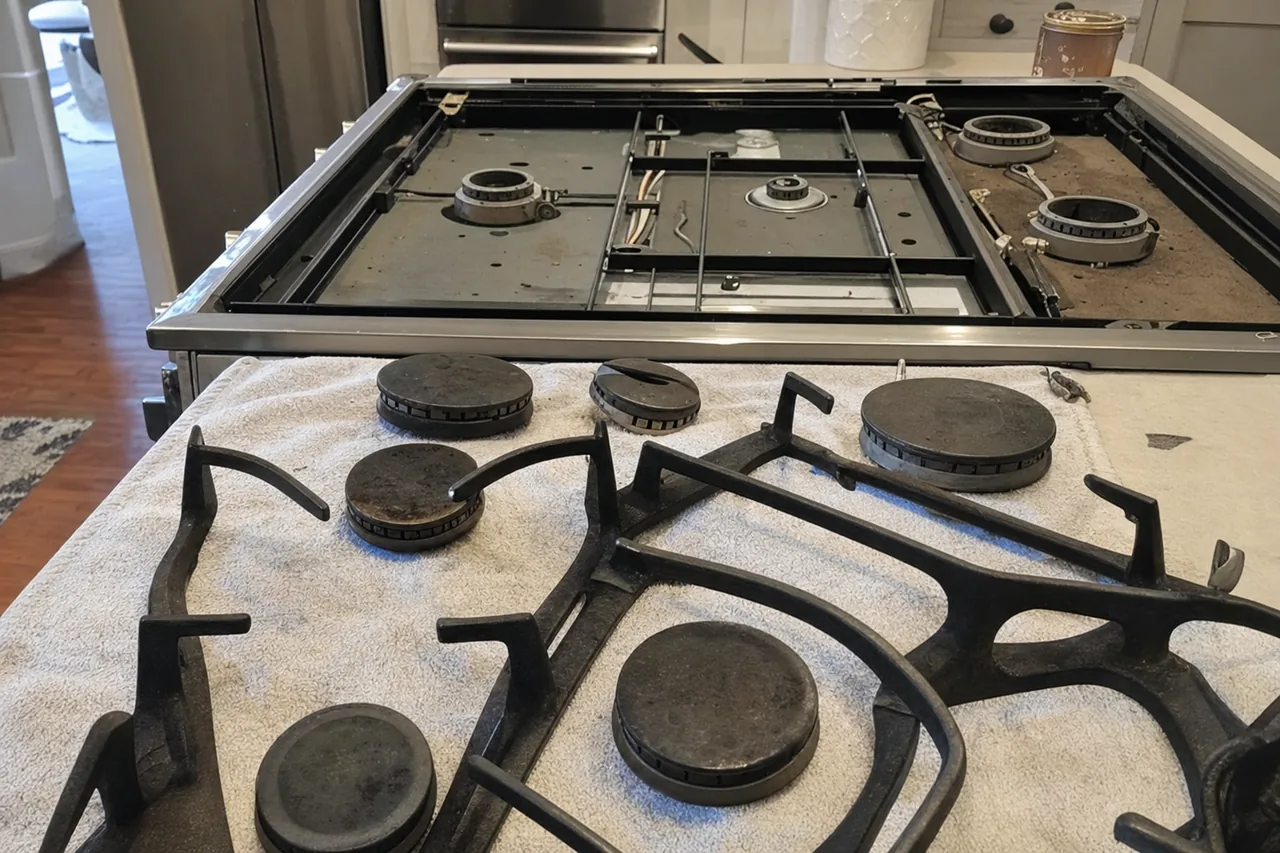 Mirrored view of a rangetop under service with grates removed and burner bases and igniters exposed