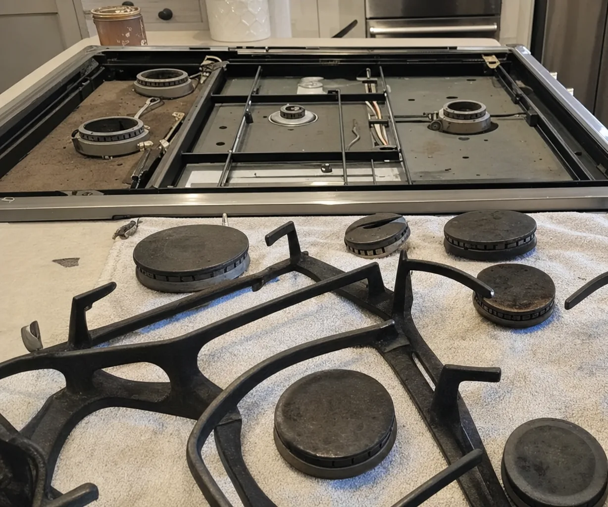 A rangetop with its lid propped open over the burner pan, cast-iron grates and burner caps laid out on a towel across the counter in the foreground