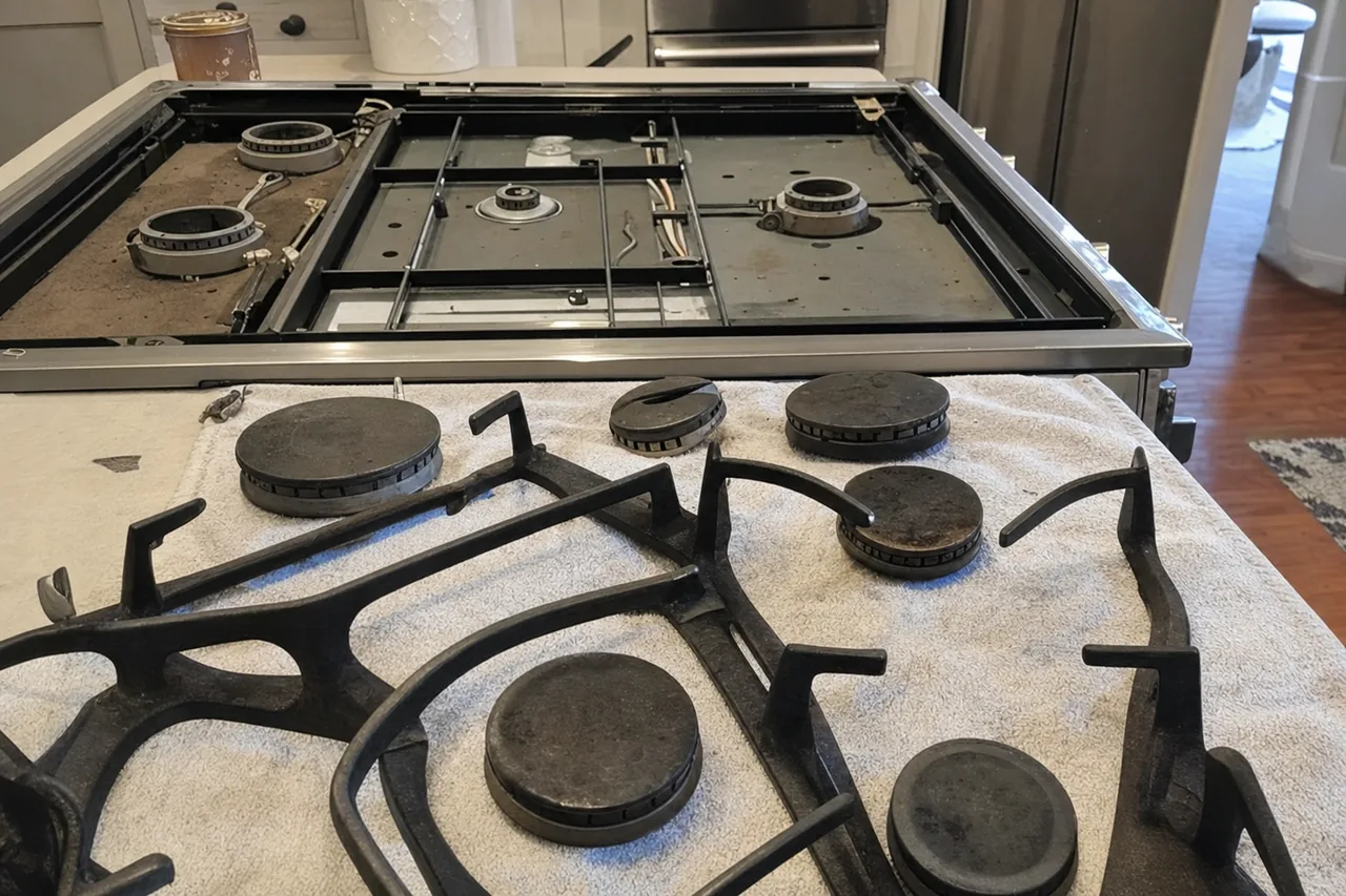 A rangetop stripped for service with its cast-iron grates and burner caps laid out on a towel across the counter, burner bases exposed on the appliance
