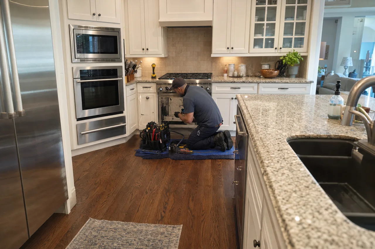Mirrored view of a coastal kitchen with a technician working at a range, sink and granite worktop in the foreground