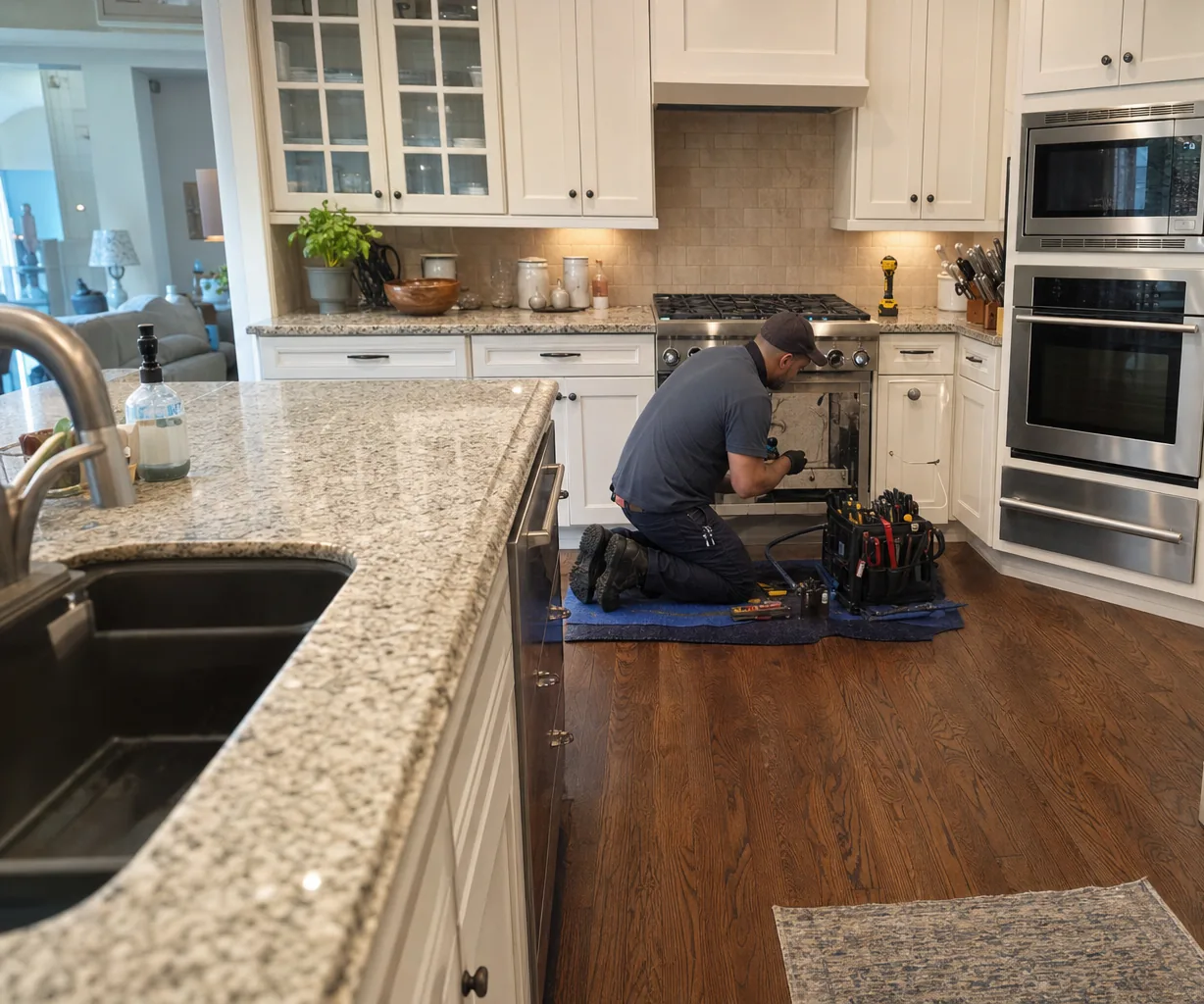 Left-hand view of an open-plan kitchen with island, hardwood floor and a technician kneeling at the range
