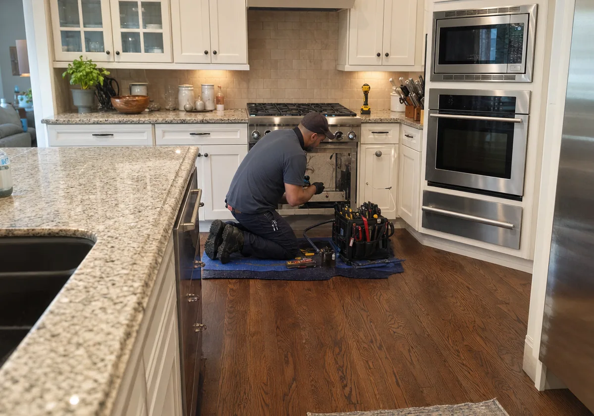 Closer view of the same kitchen with the technician at the range, wall ovens to the right and a run of white cabinetry behind