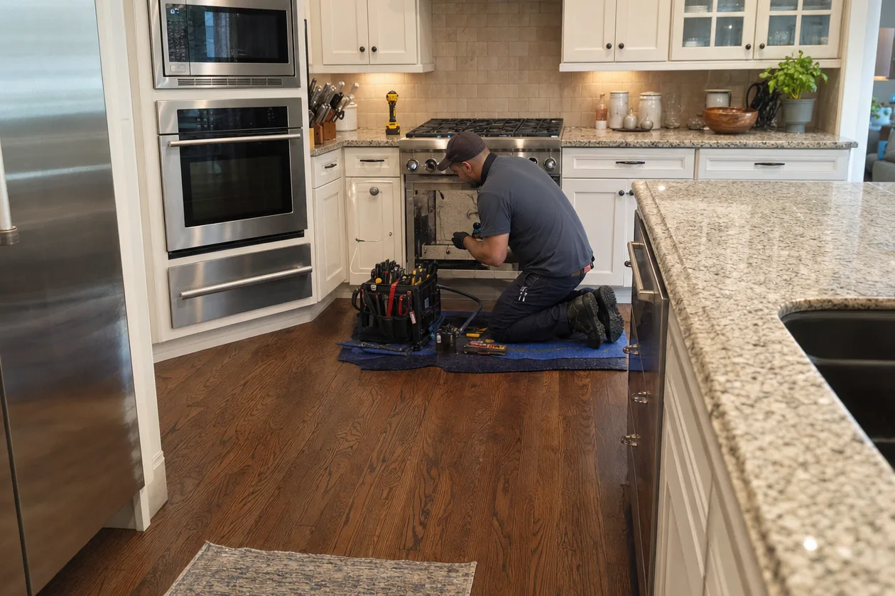 Angled crop of a kitchen with a technician at the range, wall ovens and warming drawer stacked to the right