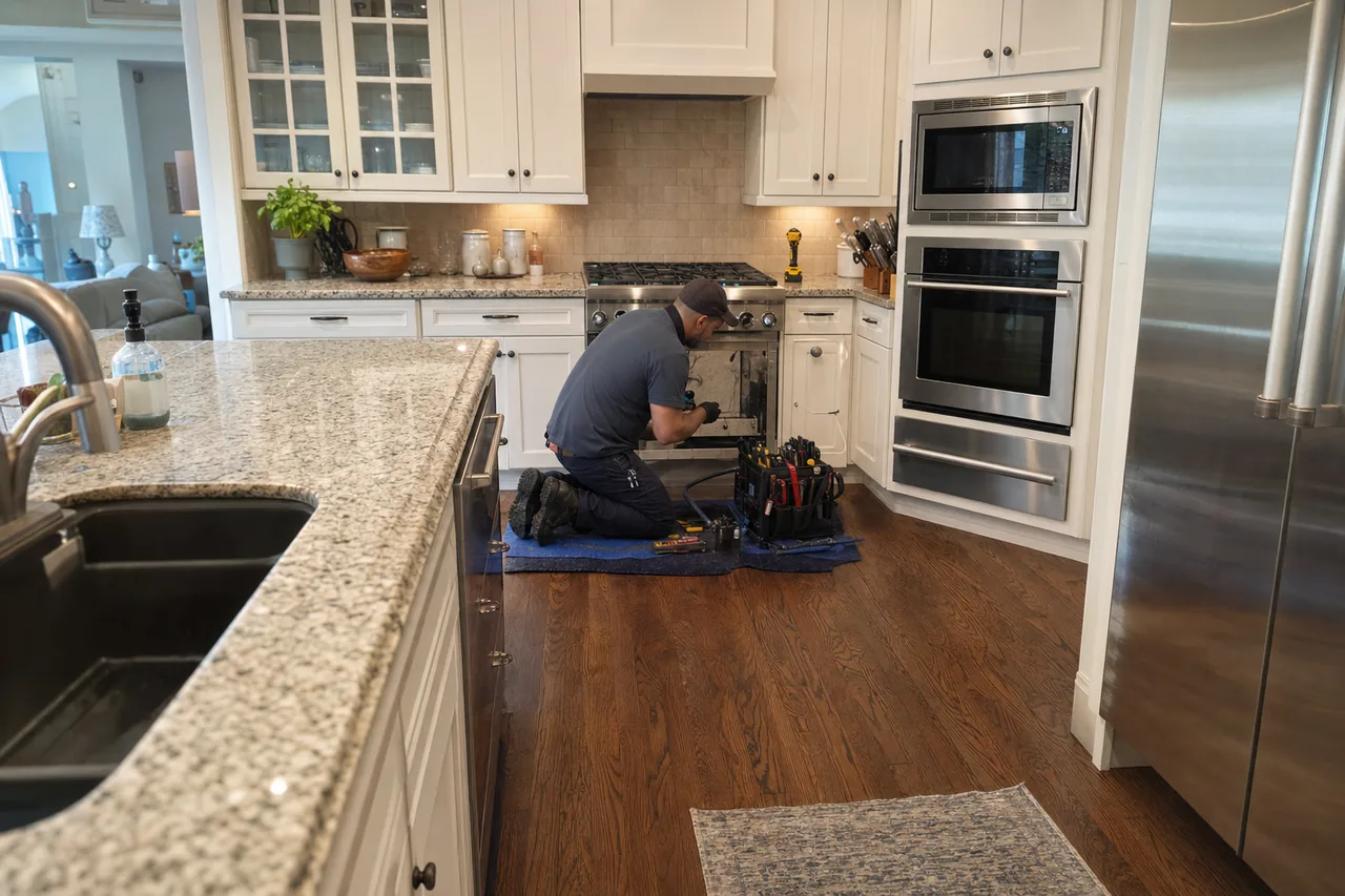 A technician kneeling on a mat in front of a stainless pro range in a wide beach-house kitchen, tool roll open on the floor, double wall ovens and a granite island behind him