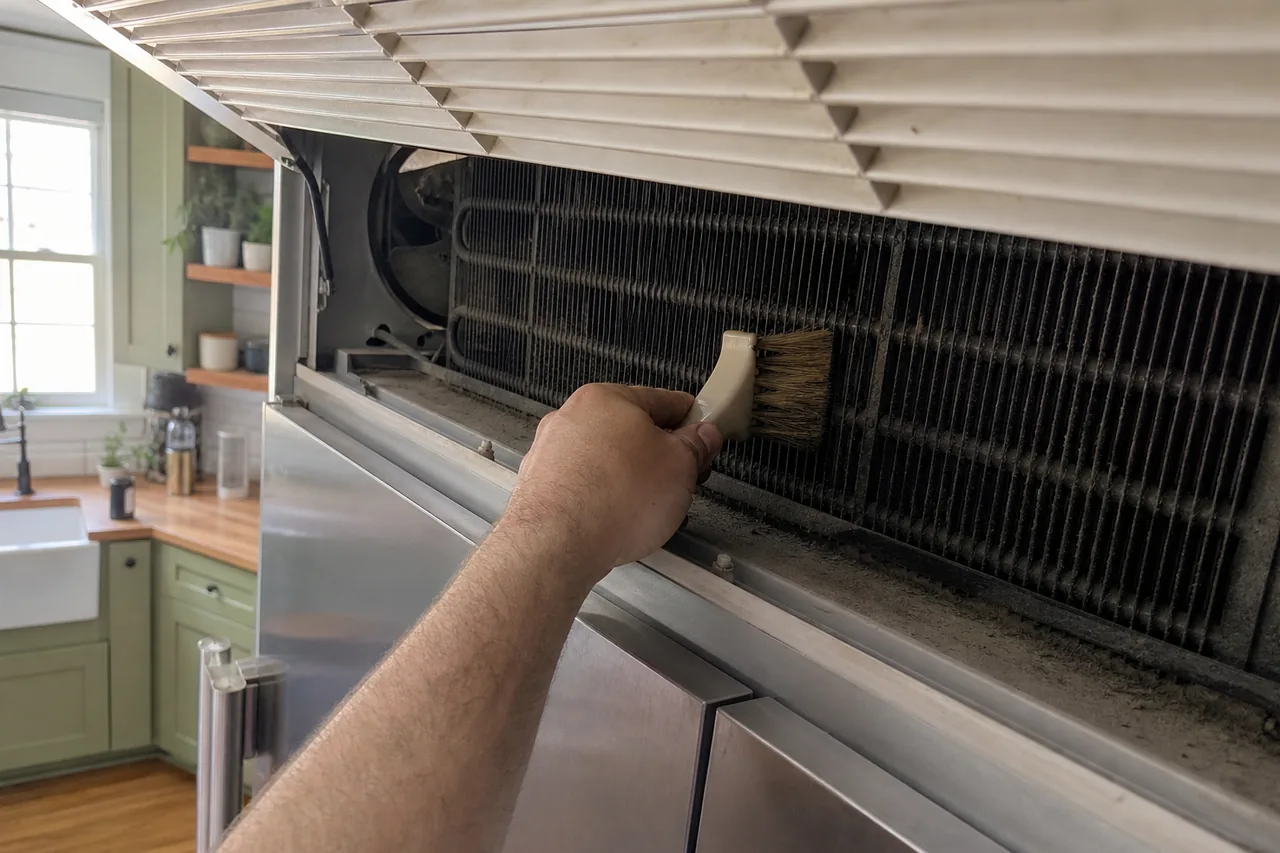 A hand works a soft paintbrush through dust packed on the condenser coil behind the raised top grille of a stainless built-in, a sage-green kitchen and window beyond